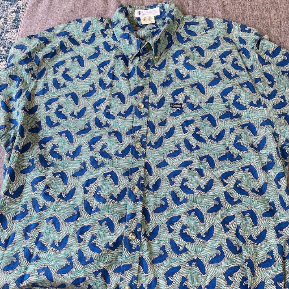 Vintage Columbia Fishing Button Down Shirt Print Fish Turquoise Blue, Large